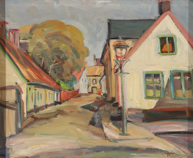 CARIN THAM. Adelgatan, Lund, olja på pannå, signerad C Tham.