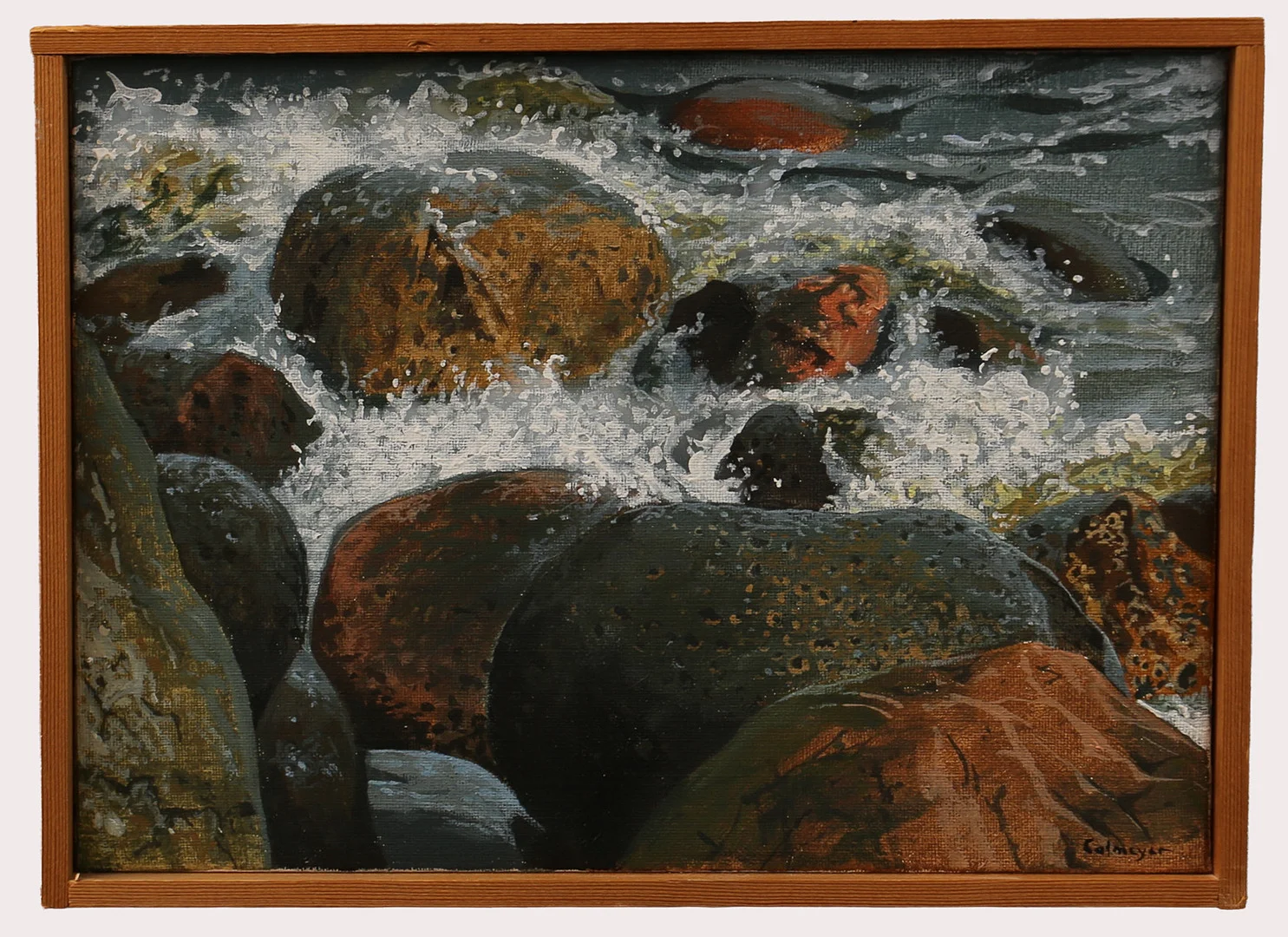 GÖSTA CALMEYER. Olja på duk, närbild av stenar i vattenbrynet, signerad Calmeyer. — Paintings — Limhamns Auktionsbyrå