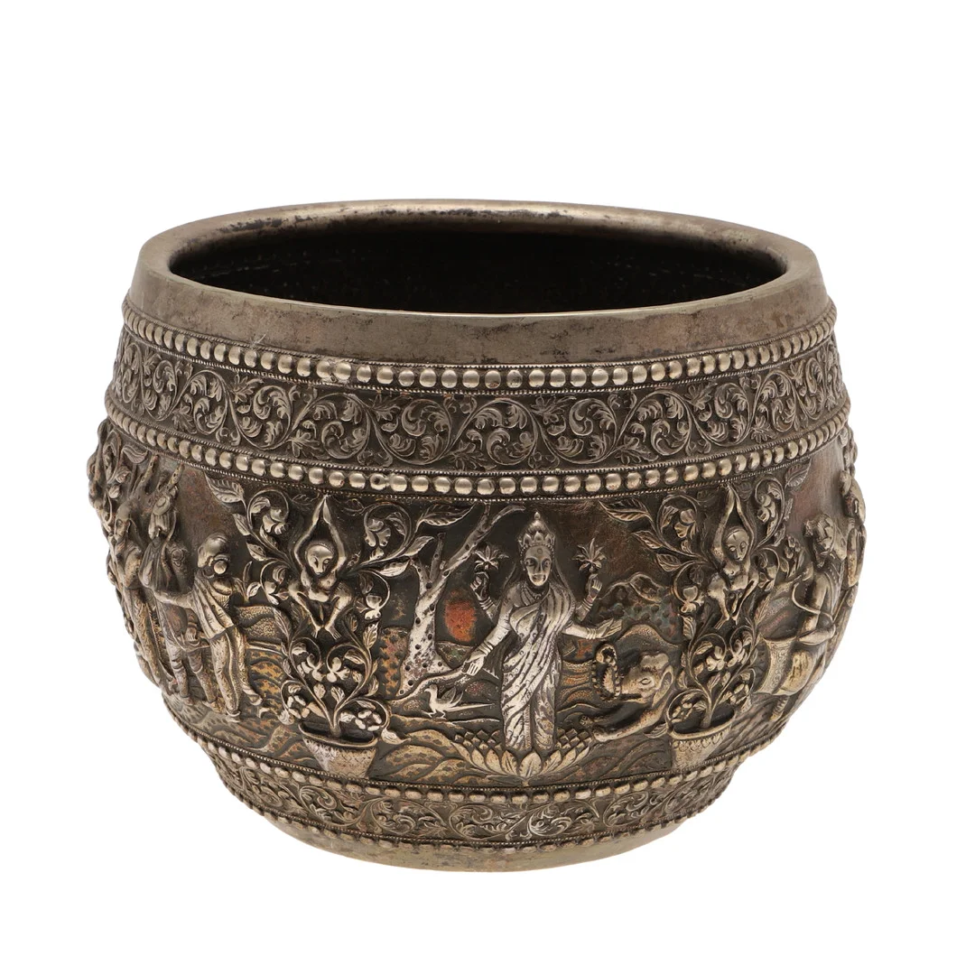 A BURMESE WHITE METAL BOWL,THABEIK. — Silver — Lawrences Auctioneers