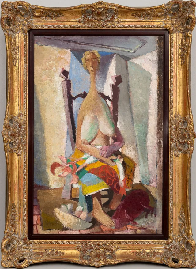 JAN BRAZDA (1917 - 2011). Sydländsk kvinna med tupp, olja på pannå, otydligt signerad och daterad 1943.