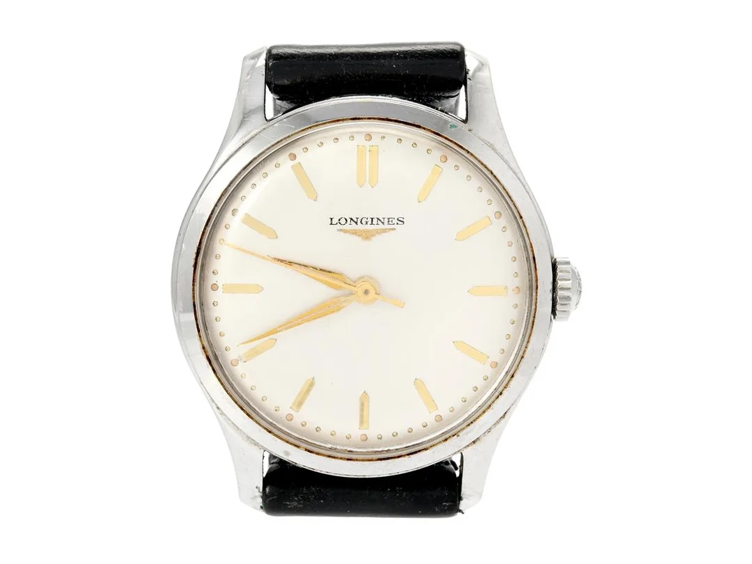 LONGINES, herrur, 35 mm, Cal 12.68ZS, Serie nr. 10610827, Boett nr. 6264 20 / 55, stål, manuell, plexiglas, skadad urtavla, läderband, ca 1958. — Klockor/Longines — Kaplans