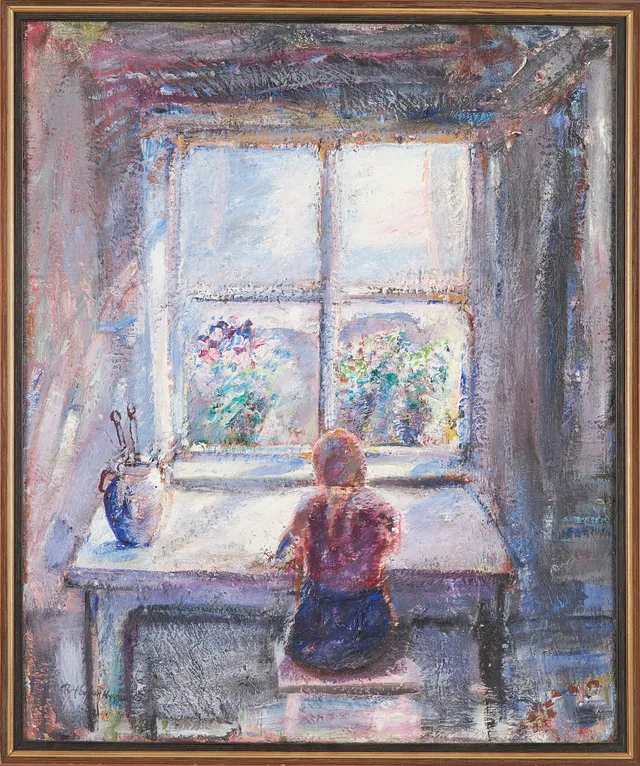 ROLF ERLING NYGREN. flicka vid fönster, olja på duk.