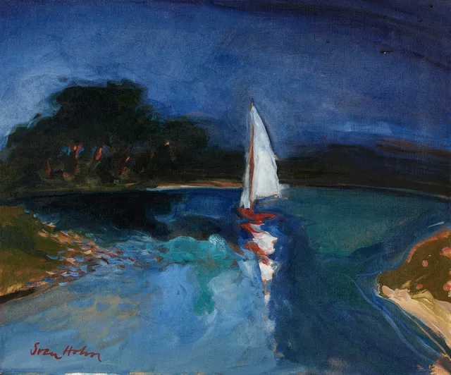 SVEN HOLM (född 1934): Segelbåt, vind i seglen, signerad Sven Holm, olja på duk.
