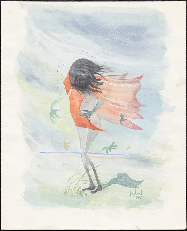 AXEL LUND (1919-1997). Kvinna i blåsväder, gouache, signerad och daterad 1947.