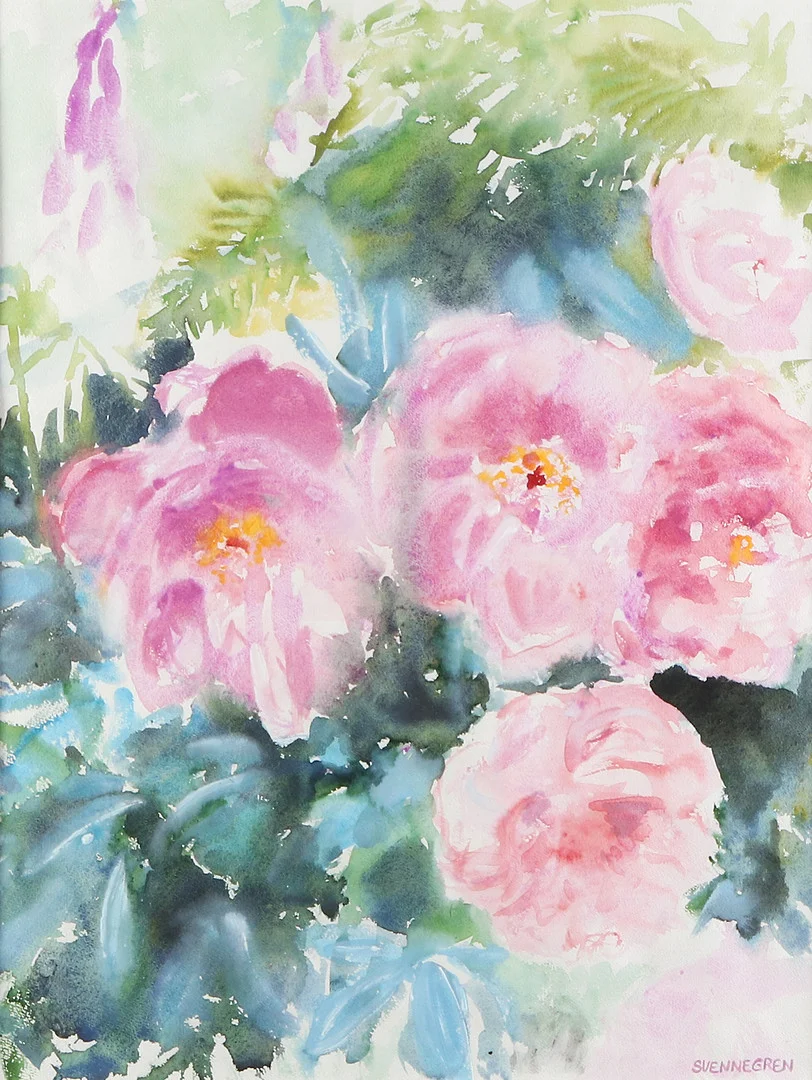 SOLVEIG SVENNEGREN. Akvarell. "Sommarnatts pioner". Signerad. — Paintings — Skånes Auktionsverk