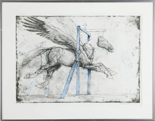 HANS HAMNGREN (född 1934): Surrealistisk komposition med mekanisk häst, signerad Hamngren 1980, numrerad 125/135, etsning.