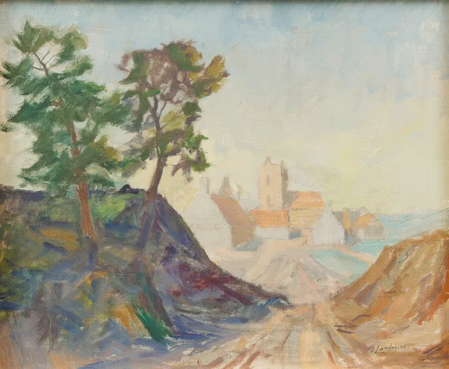 BERTIL LANDELIUS (1912-1985). Kyrka i landskap, möjligen Frankrike, olja på duk, signerad.