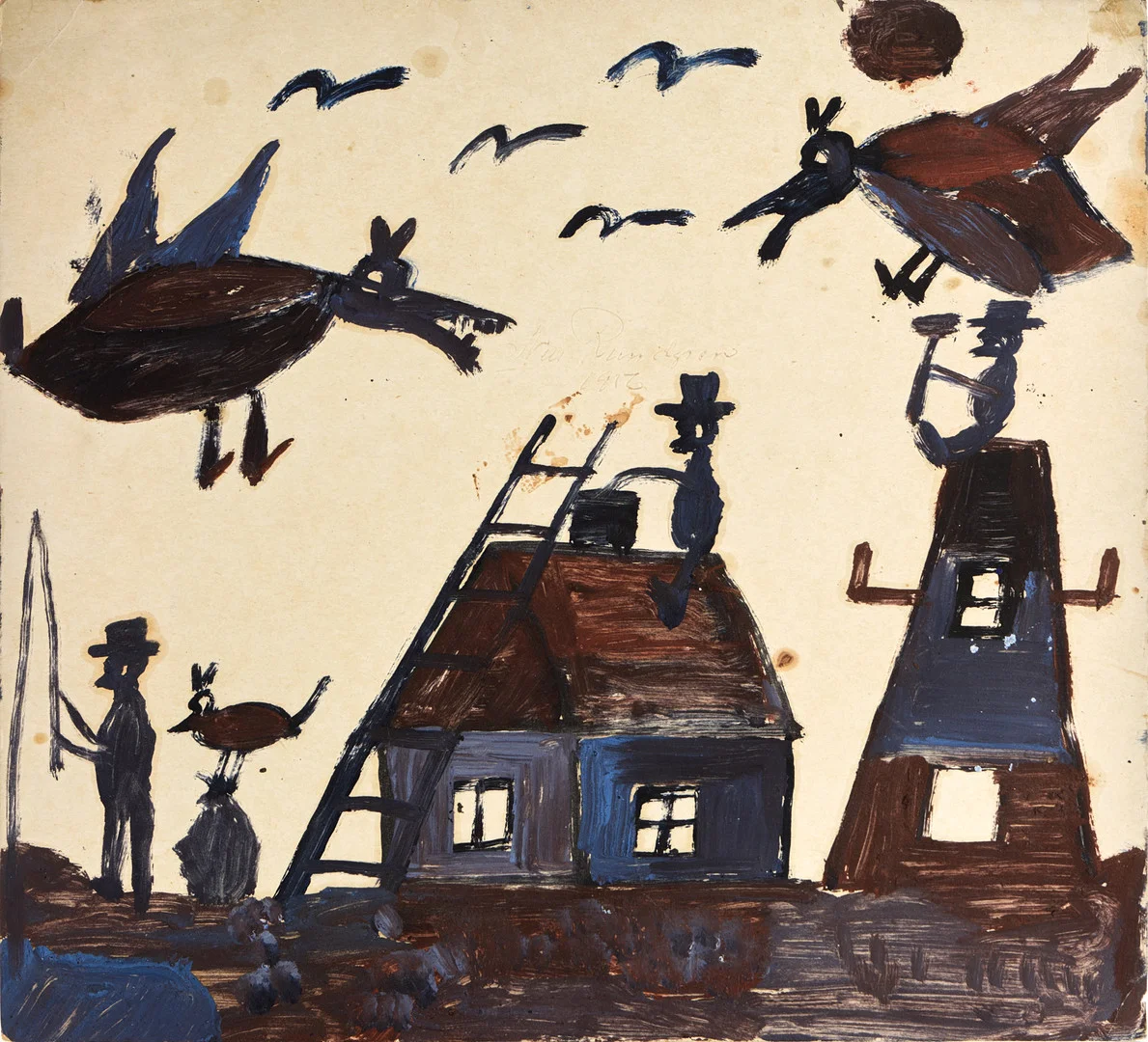 NILS "BJÖRNJÄGARN" RUNDGREN. Naivistiska figurkompositioner, 2 st, varav en signerad och daterad, oramade. — Paintings — Crafoord Auktioner Stockholm