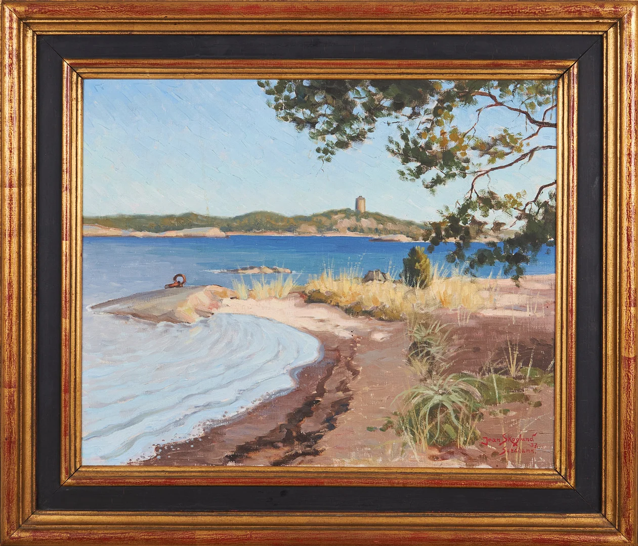 JEAN SKOGLUND. "Korsö Fyrbåk", olja på duk monterad på pannå, signerad samt daterad Sandhamn -37, a tergo daterad 9 juli 1938. — Paintings — Stockholms Auktionsverk Magasin 5