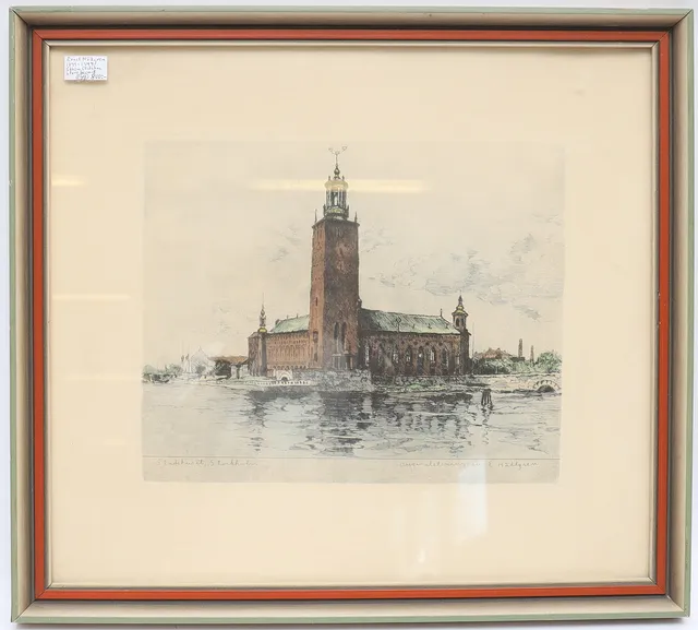 ERNST HÄLLGREN. "stadshuset i Stockholm" etsning, signerad.