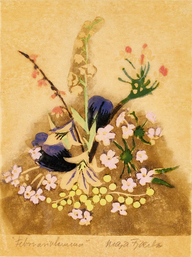 MAJA FJAESTAD (1873-1961), "Februariblommor", färgträsnitt.