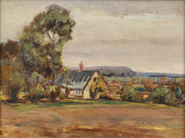 LARS ENGSTRÖM (1914-1950). Motiv från Vik med Stenshuvud i bakgrund, olja på pannå, signerad.