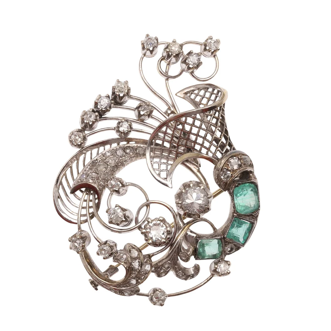 AN EMERALD AND DIAMOND BROOCH. — Brooches & Pendants — Lawrences Auctioneers