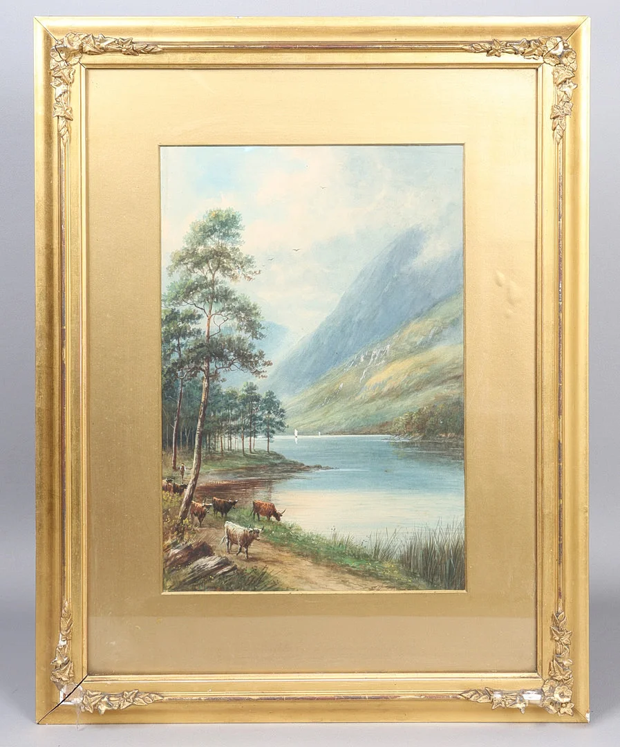 19TH CENTURY BRITISH SCHOOL "HIGHLAND CATTLE WATERING". — Paintings — Bishop & Miller