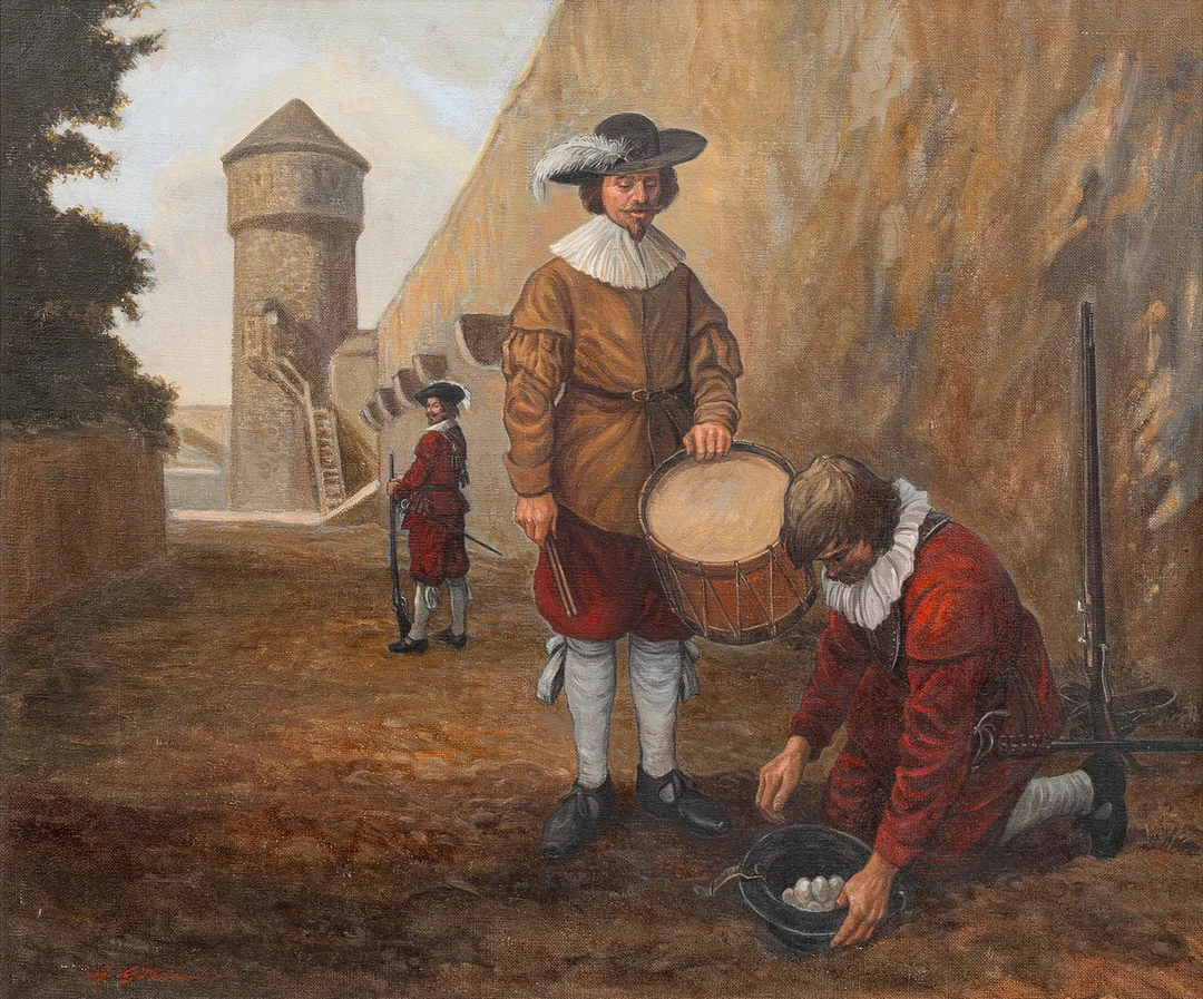 GÖTE GÖRANSSON. Soldater från Norrländskt Storregemente 1628 ´"Proviantering", olja på duk, signerad. — Paintings — Auktionshuset Kolonn
