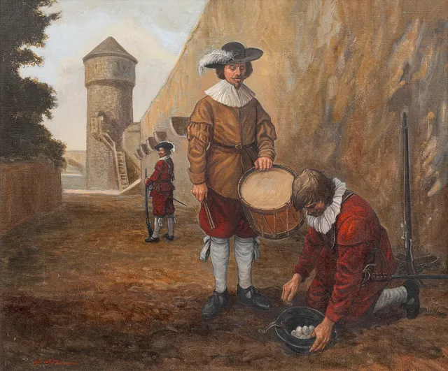 GÖTE GÖRANSSON. Soldater från Norrländskt Storregemente 1628 ´"Proviantering", olja på duk, signerad.