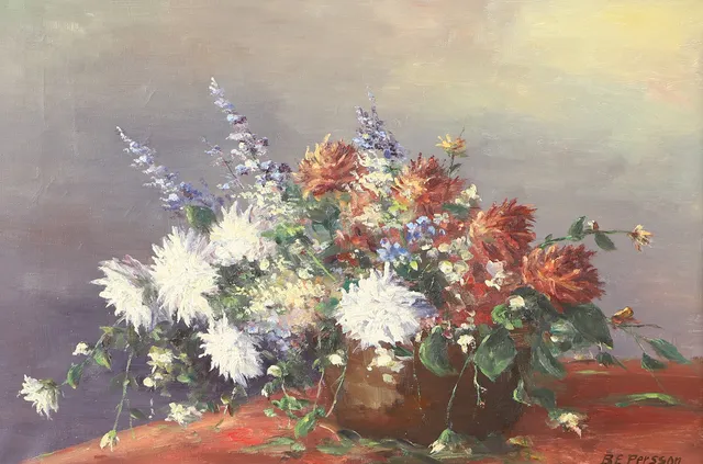OIDENTIFIERAD KONSTNÄR. Blomsterstilleben, olja på duk, signerad B.E. Persson.