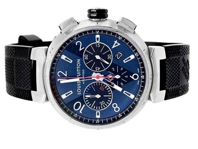 LOUIS VUITTON, Tambour Chrono, Cal ETA 2894-2, Serie nr. TE9276 Ref nr. Q102V, kronograf, herrur, 44 mm, stål, automatisk, safirglas (nagg), datum, integrerat gummiband, originalspänne, ca 2015, box, ytterkartong.