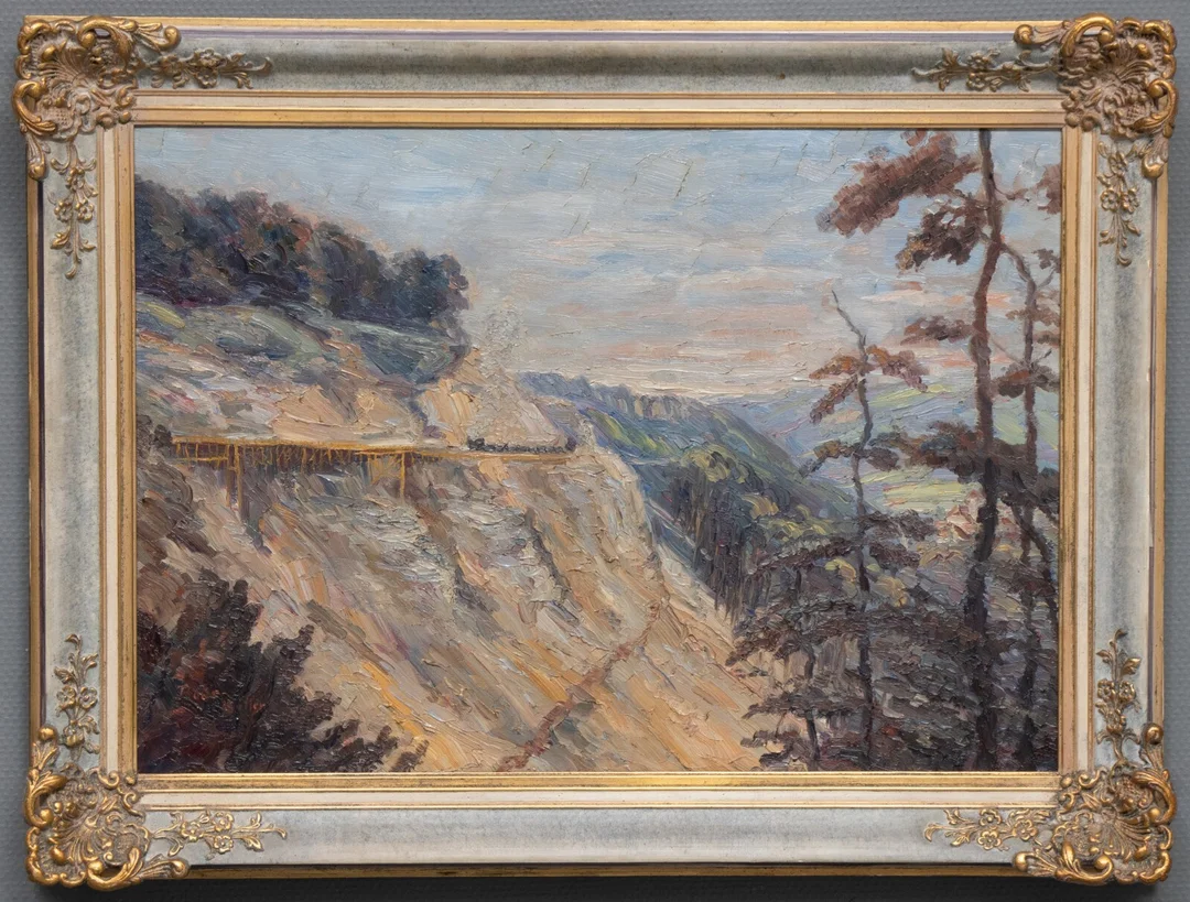 Ubekendt kunstner. Olie på lærred, togbane på bjergside — Paintings and sculptures/Older pictorial arts — Lauritz