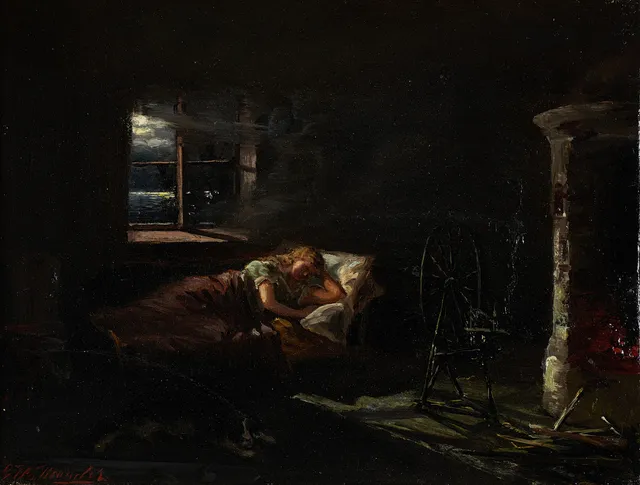 JOSEF WILHELM WALLANDER (1821-1888): Interiör med sovande flicka, signerade Wallander, olja på duk.