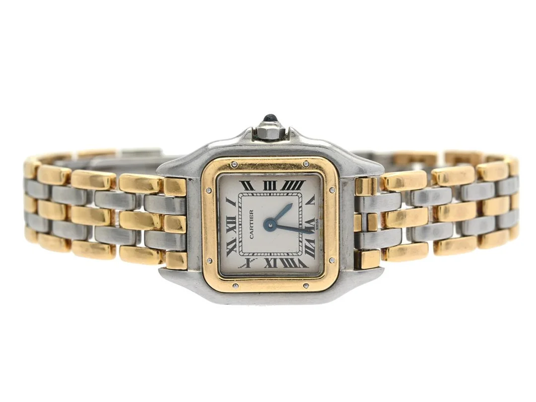 CARTIER, Panthère, Cal 66, Boett nr. 66921026626, damur, 21,5 x 21,5 (29,5) mm, stål/guld, quartz, safirglas (repor), skadad urtavla, originallänk (skadad, se bilder, 3-radig), viklås, längd 155 mm, ca 1987. — Klockor/Cartier — Kaplans