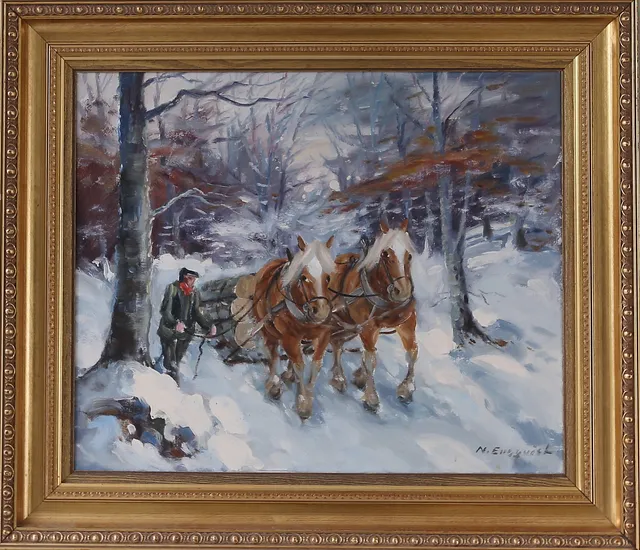 NILS ENGQVIST. Skogsarbete i snölandskap, olja på duk, signerad.