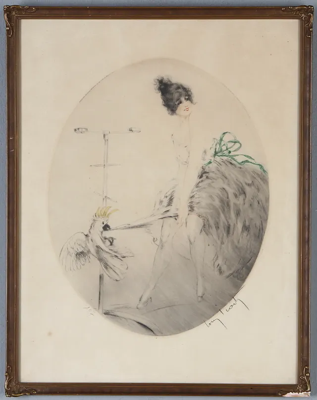 LOUIS ICART. Ung kvinna och kakadua, etsning, signerad samt numrerad 107.