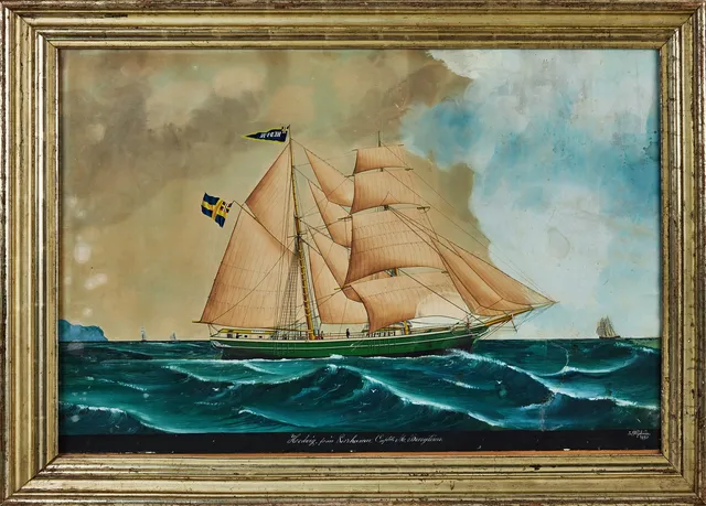 LARS PETTER SJÖSTRÖM. Fartygsporträtt "Hedvig från Lerhamn", gouache på papper, 52 x 78 cm.