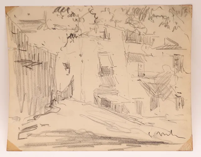 ELISEO MEIFRÉN. CALLE DE PUEBLO, dibujo sobre papel. Firmado.