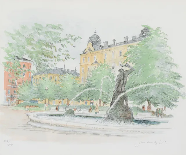 JAN LUNDQVIST. Mariatorget, Stockholmsmotiv, färglitografi, signerad samt numrerad.