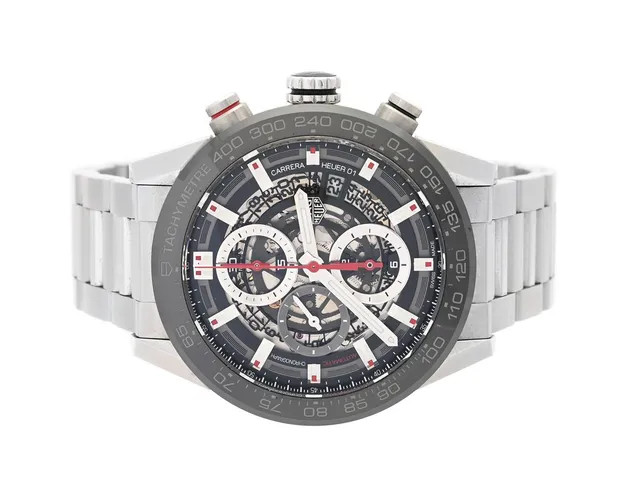 TAG HEUER, Carrera, "Tachymetre", Cal Heuer 01, Serie nr. WPK4329, Ref nr. CAR201V.BA0714, Boett nr. CAR201V, kronograf, herrur, 43 mm, stål, automatisk, safirglas, skeletterat urtavla, datum, svart keramisk bezel, glasbaksida, originallänk, viklås, Ref nr. FC5073/Y-S4, cert (digital), november 2018, box, ytterkartong.
