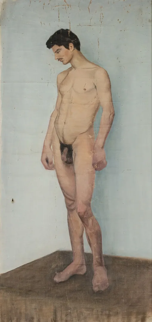 UBEKENDT KUNSTNER. Mandlig nøgenmodel, olie på lærred, usigneret.