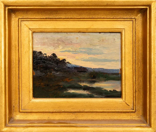 KONRAD SIMONSSON (1843-1911). Olja på pannå, Skymningslandskap, signerad.