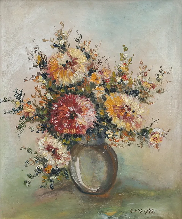 OIDENTIFIERAD KONSTNÄR. Blomsterstilleben. Olja på duk, signerad H. Lind, daterad 1948.