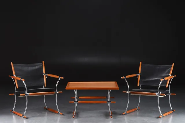 Jens Harald Quistgaard. A pair of lounge chairs and a table, 'The Cane Series' (3)