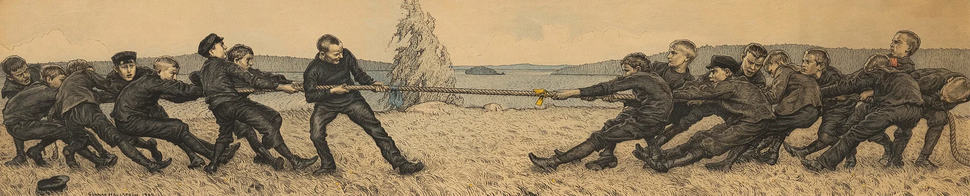 GUNNAR HALLSTRÖM (1875-1943). Gossar i dragkamp, grafiskt blad, signerad och daterad i trycket. — Engravings & Prints — Auktionshuset Kolonn
