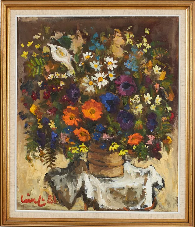 OLAVI LAINE. "Blomster", olja på duk, signerad, daterad -81.
