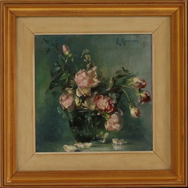 EINAR KRÜGER. Blomsterstilleben, olja på pannå, signerad.