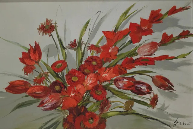 JOSEP MIQUEL SERRANO. BODEGÓN DE FLORES , ÓLEO SOBRE LIENZO.