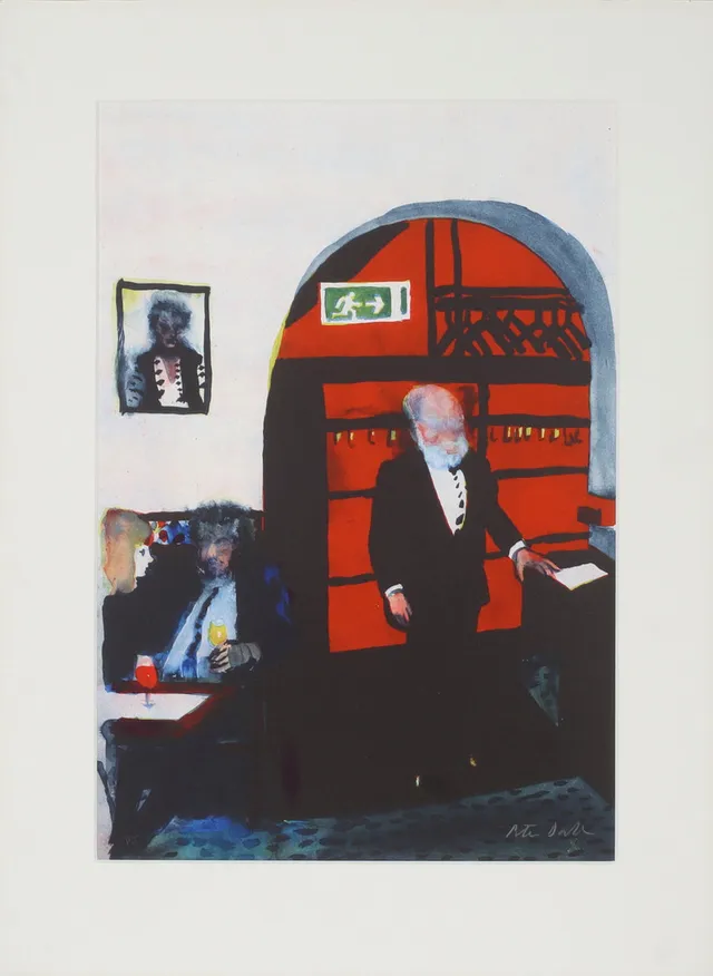 PETER DAHL. "Isbjörnstämjaren", färglitografi, ur mappen "Resturang KB", signerat provtryck.
