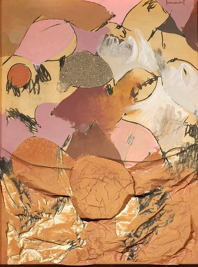 JOSEP GUINOVART. COMPOSICIÓN, TÉCNICA MIXTA, MATERIA TEXTIL, COLLAGE SOBRE MADERA Y TÁBLEX. CIRCA 1973-75.