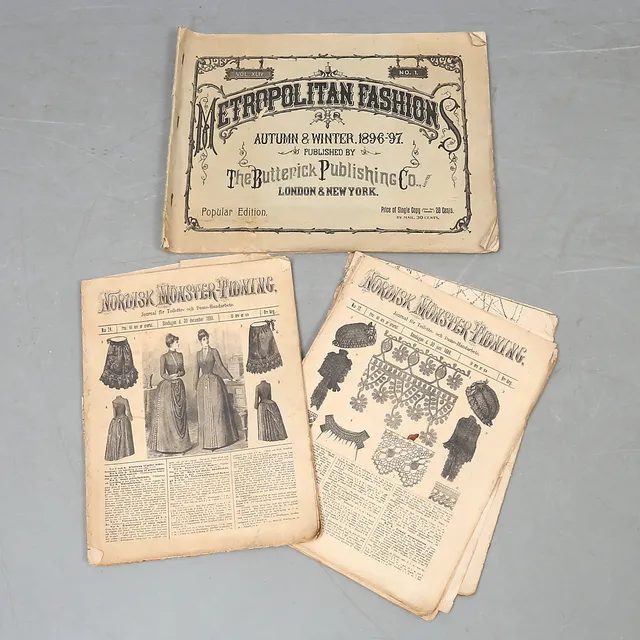 TIDNINGAR, "Nordisk Mönstertidning" och "Metropolitan Fashion", innehållande dräktplancher och mönster, sent 1800-tal.