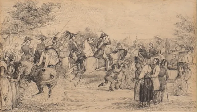 FRITZ VON DARDEL. Carl XV till häst bland folket. Tusch, signerad och daterad 1845.