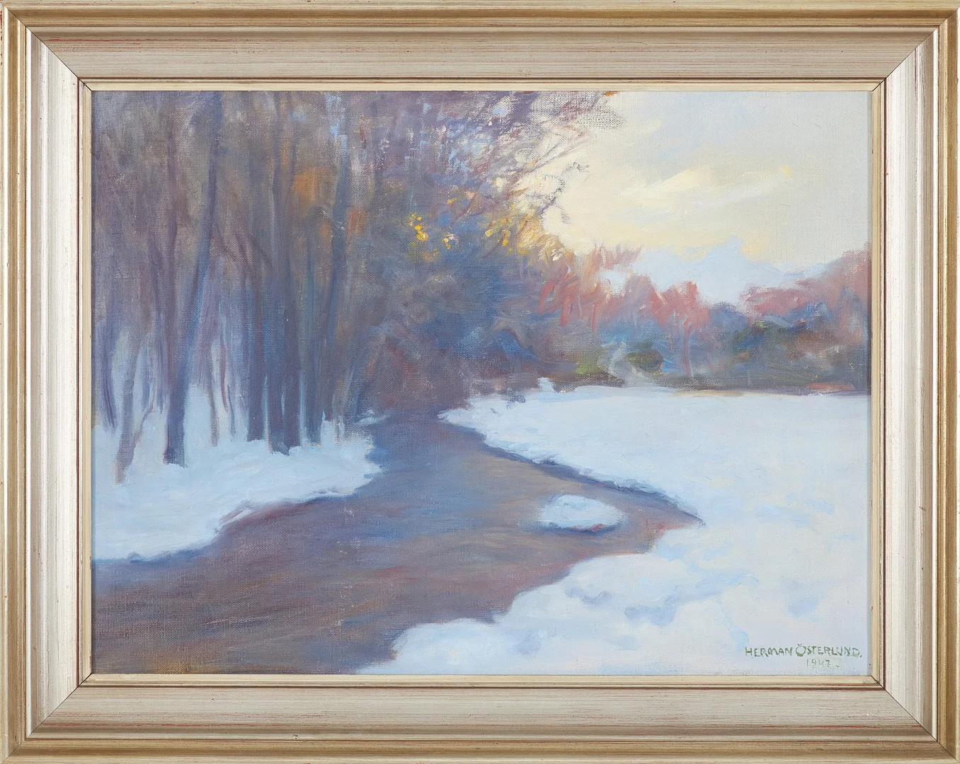 HERMAN ÖSTERLUND. Landskapsmotiv, olja på duk, signerad, daterad 1947. — Paintings — Stockholms Auktionsverk Sickla