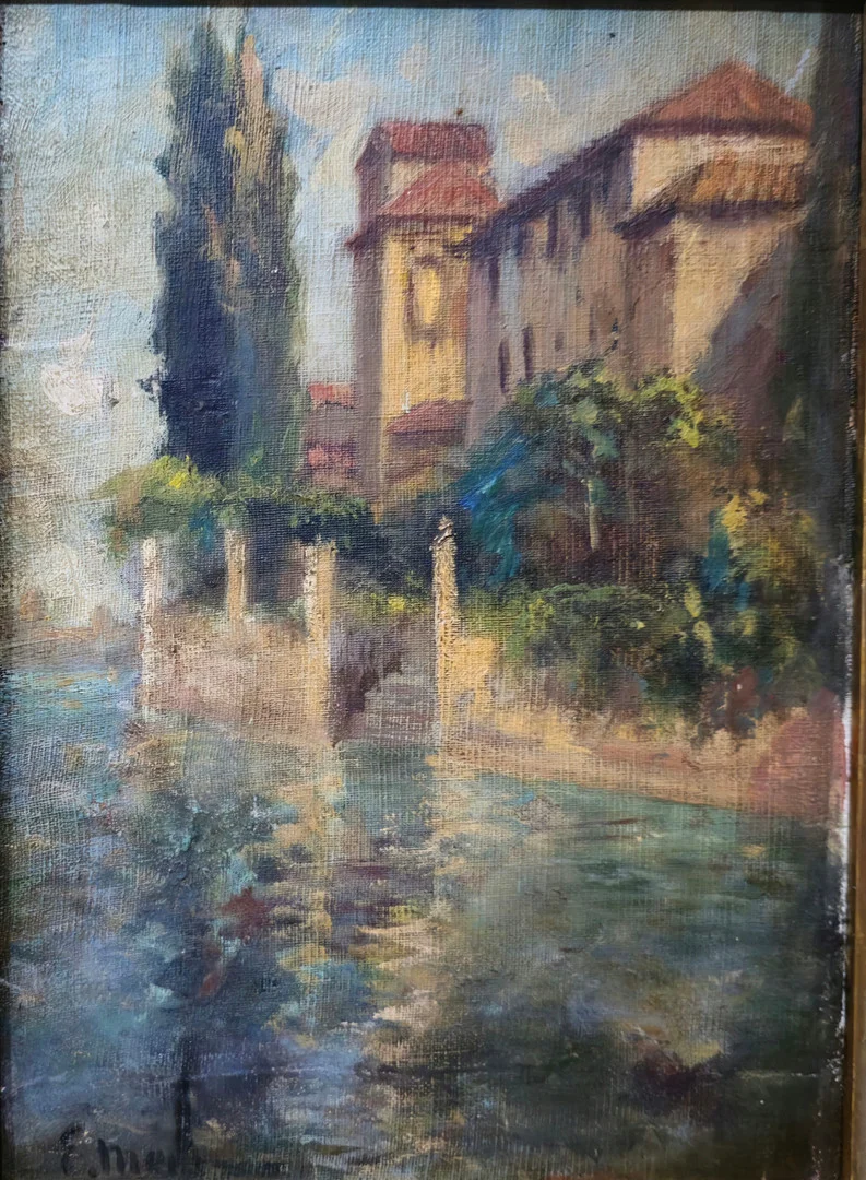 ELISEO MEIFREN ROIG. CASA EN LAGO. ÓLEO SOBRE TABLEX. — Paintings — Barcelona Auctions