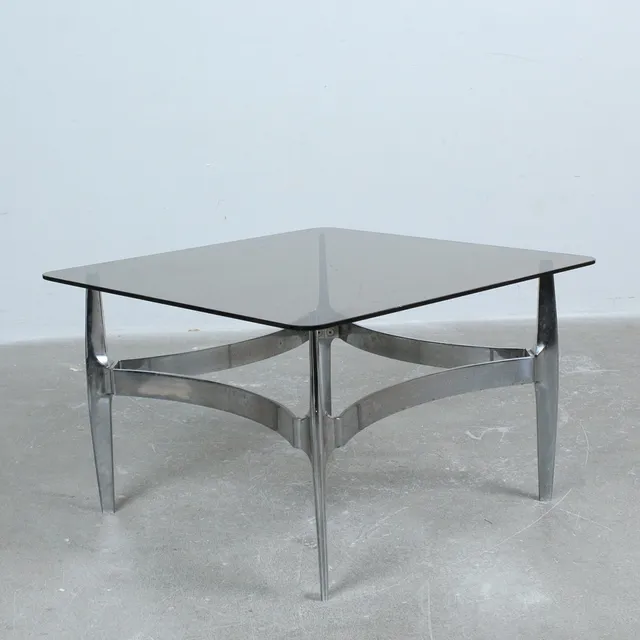 KNUT HESTERBERG. für Ronald Schmitt, Couchtisch, Aluminium, Glas, Deutschland, 1960er Jahre.