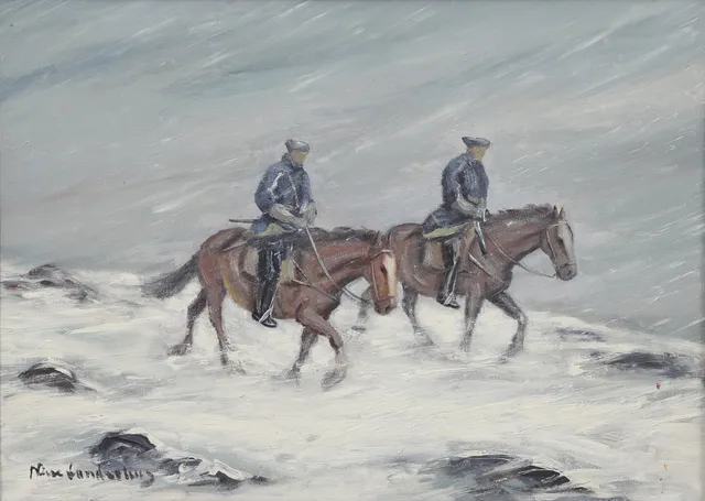 NILS LANDZELIUS. Karoliner i snö, olja på duk, signerad.