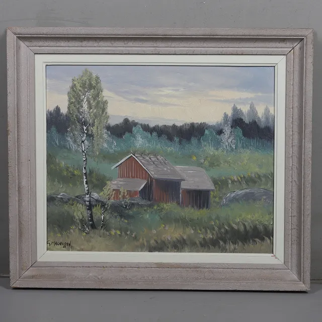 GUSTAF MAGNUSSON. Olja på pannå, hus i landskap, signerad G Magnusson.