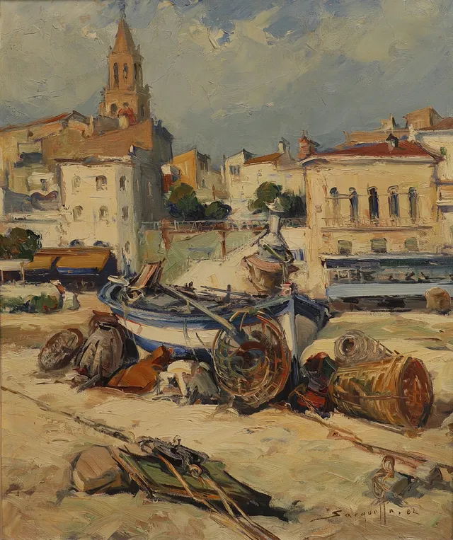 JOAN SARQUELLA. Barcas en la playa, óleo sobre lienzo, firmado Sarquella.