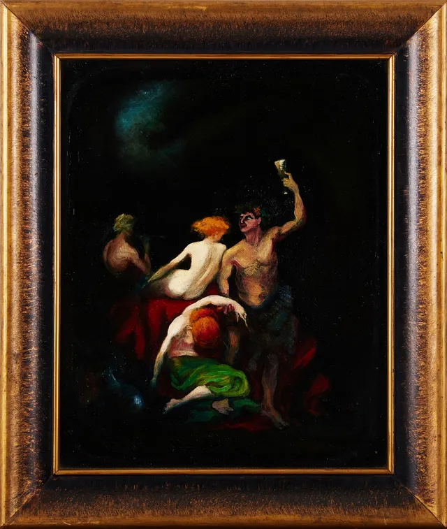 ERNST NILSSON (1892-1937). TILLSKRIVEN. "Bachanal", påskrift a tergo Ernst Nilsson, målad på glas.